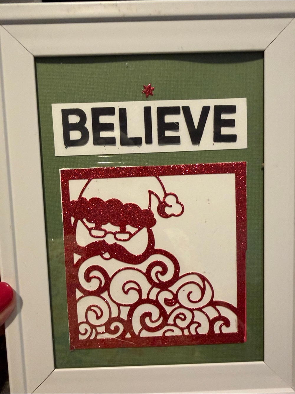 Hand Crafted Holiday BELIEVE Framed Art in Red and Green